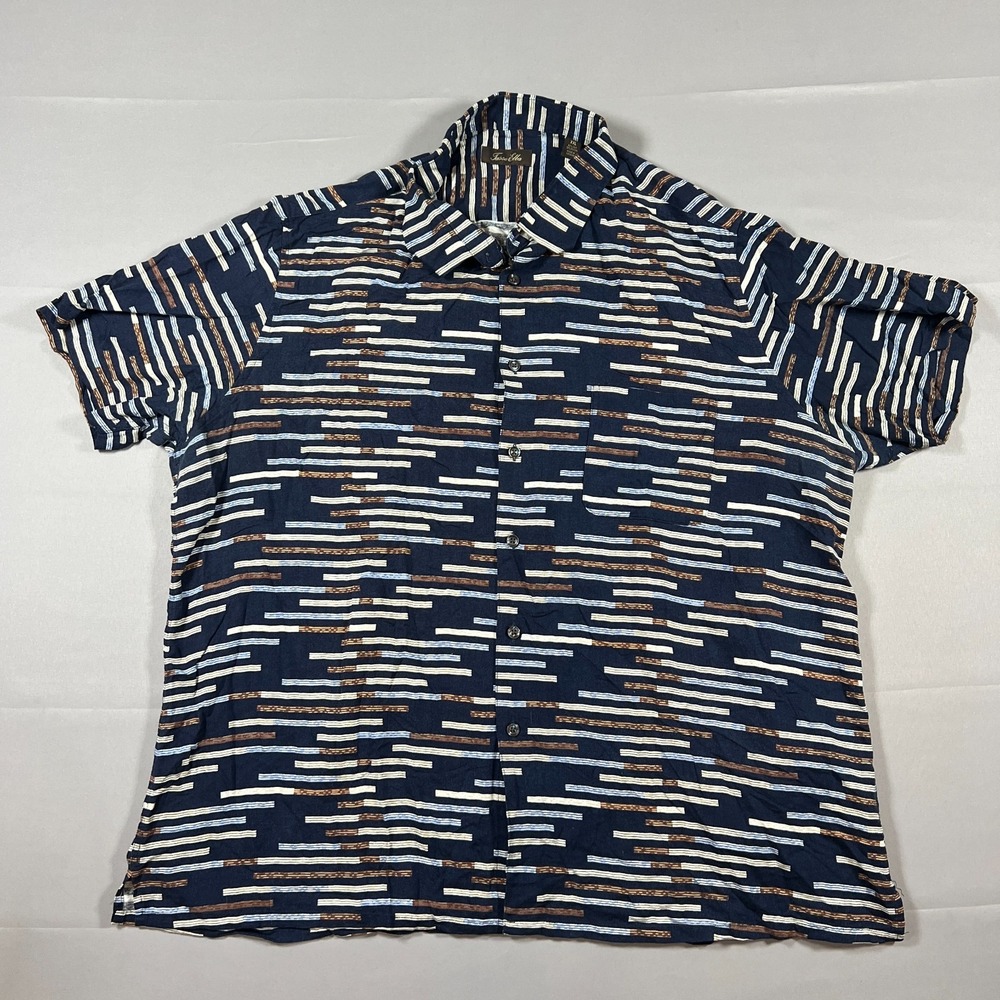 Tasso Elba Hawaiian Shirt Mens 2XL Navy Geometric Print Silk Blend Button Front